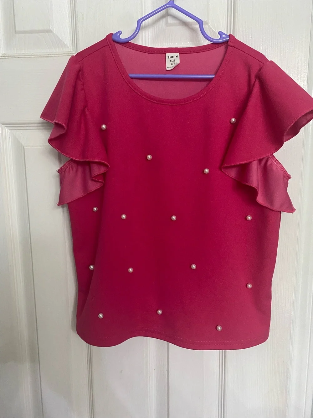SHEIN Fuchsia Pearl-Accent Ruffle Sleeve Blouse
